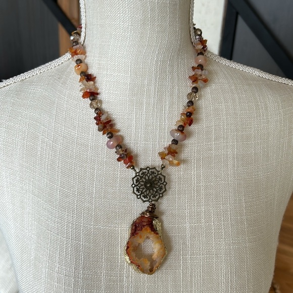 Gold and Brown Bohemian Necklace with Crystal Pendant - Picture 7 of 10